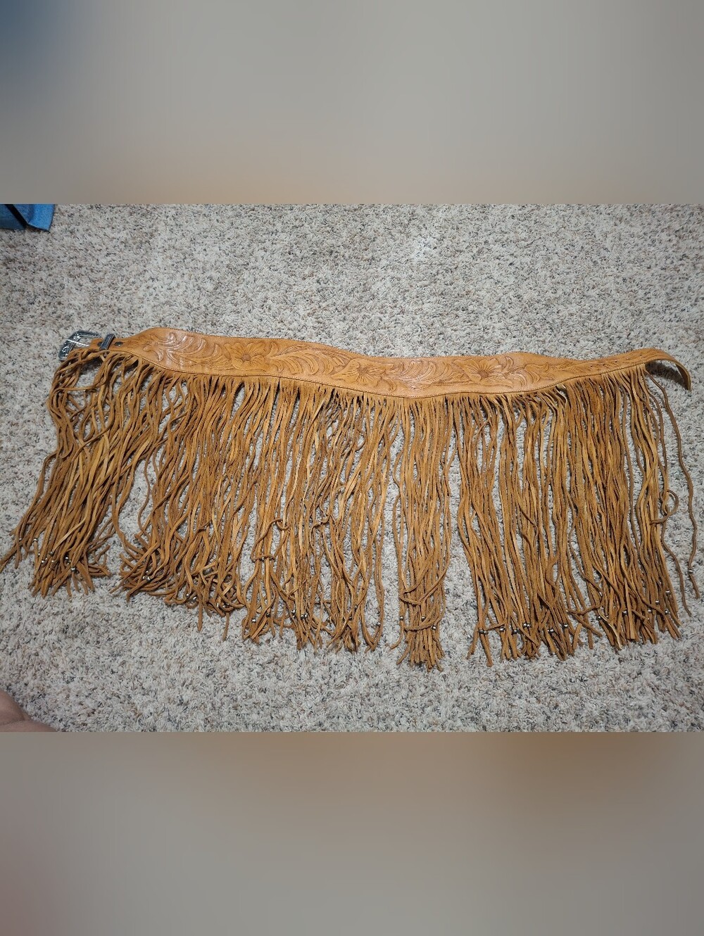 Fringed Tan Leather Waist Belt with Tooled Detail